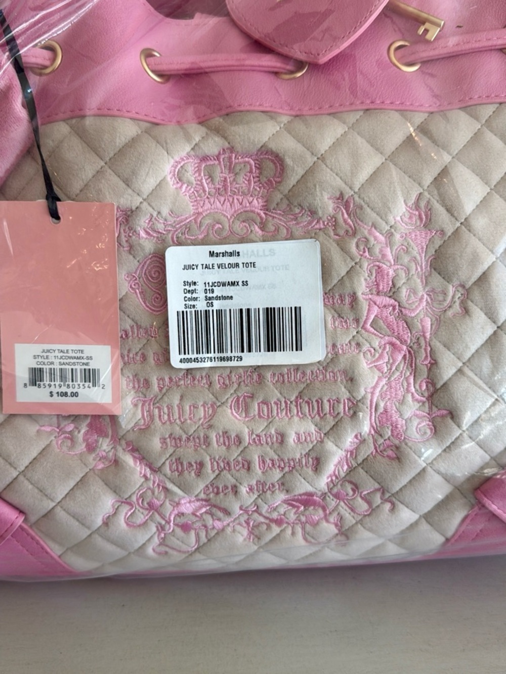 Juicy Couture Cream Quilted Tote with Pink Trim and Heart Charm - Picture 2 of 5
